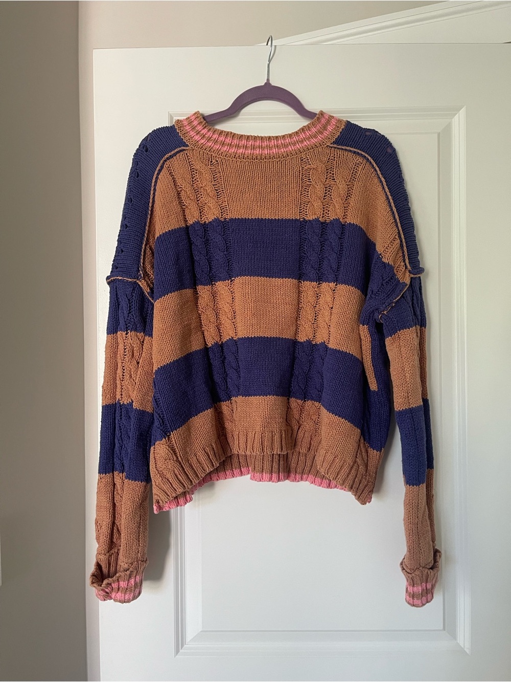 Altar'd State Brown and Navy Striped Cable Knit Sweater with Pink Trim